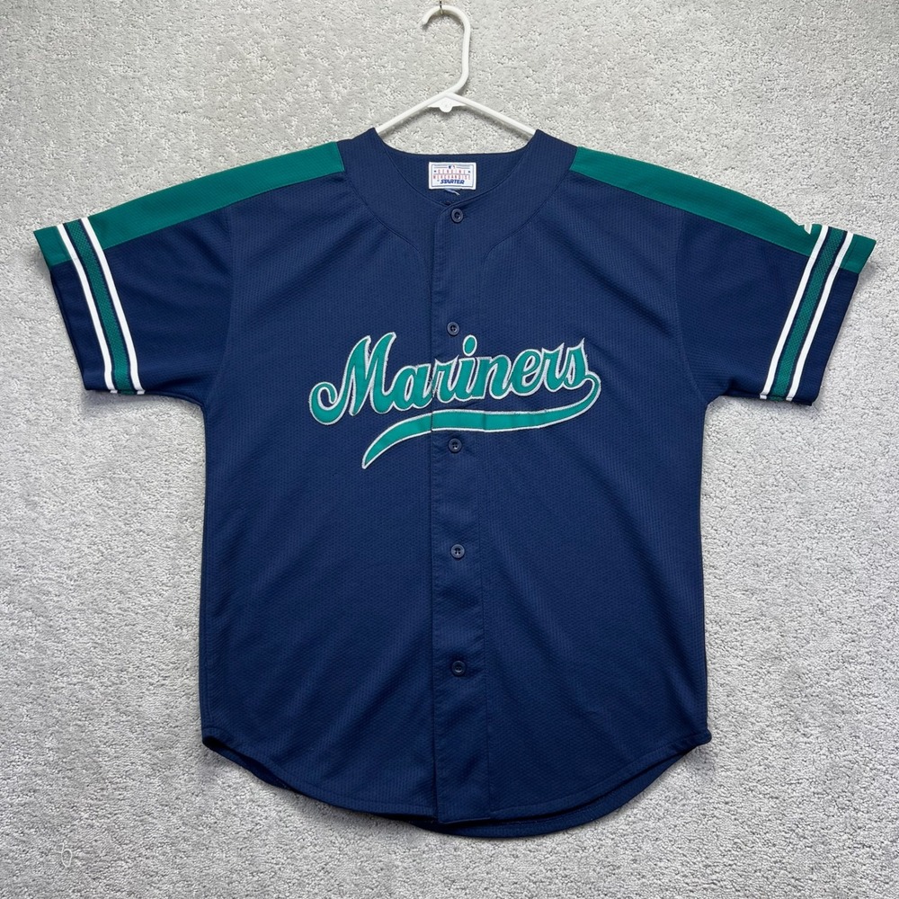 VINTAGE Starter Baseball Jersey Mens L Navy Teal Seattle Mariners MLB Button Up